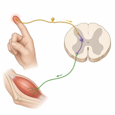Basic reflex arc showing receptor, sensory pathway, spinal cord, motor pathway, and muscle.