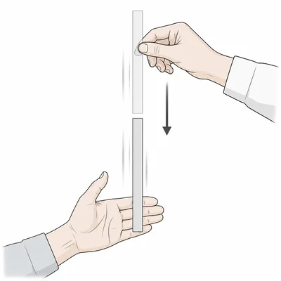 A falling ruler beside an open hand during a reaction time test.
