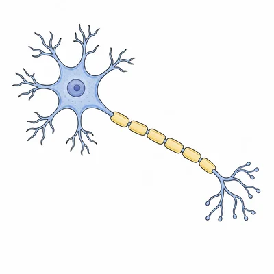 Diagram of a neuron showing dendrites, cell body, axon, myelin sheath, and terminals.