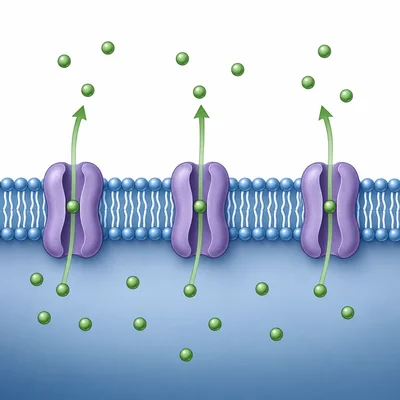 Potassium particles moving out of a neuron through open channels during repolarization.