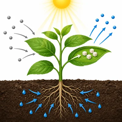A plant using sunlight, water, and gases to make food and release gas.