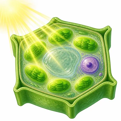 Leaf cell with green chloroplasts capturing sunlight.