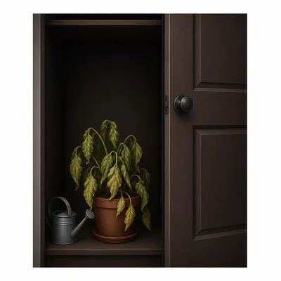 A watered plant kept in a dark closet becoming pale and wilted.