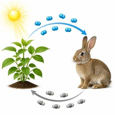 A plant and animal cycle showing oxygen from plant to animal and carbon dioxide from animal to plant.