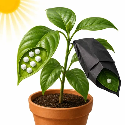 A plant experiment with one leaf covered by dark paper and one leaf uncovered in sunlight.