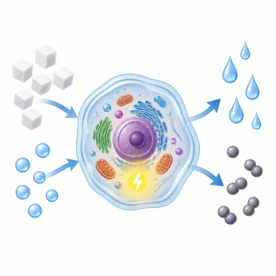 A cell taking in sugar and oxygen and releasing water and carbon dioxide while making energy.