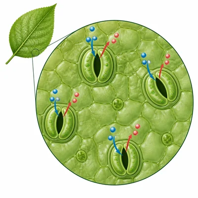 Magnified leaf surface showing tiny stomata openings for gas exchange.