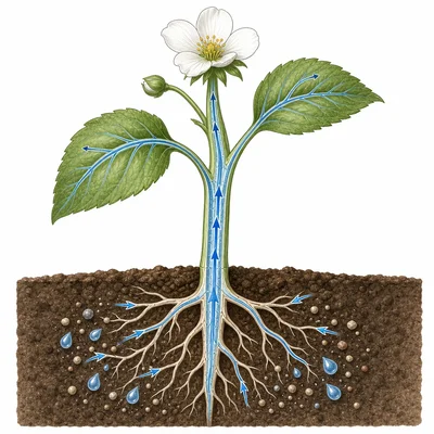 Plant diagram showing blue arrows moving water upward from roots to leaves.