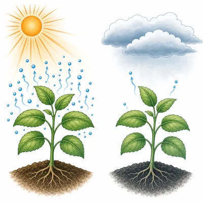 Hot sunny conditions show more water vapor leaving a plant than cool cloudy conditions.