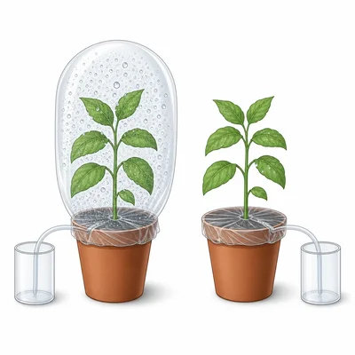 Two similar plant setups compare transpiration in humid and normal air conditions.