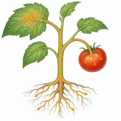 Plant diagram showing orange arrows moving sugar from leaves to roots and fruit.