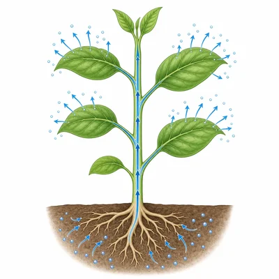 Water vapor leaving leaves pulls water upward through a plant.