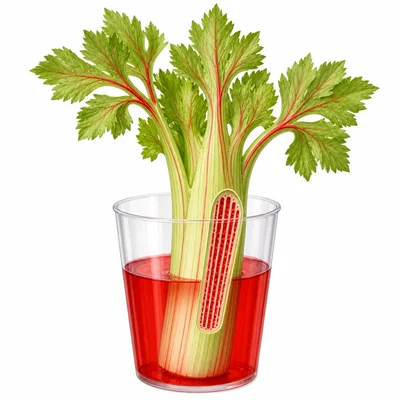 Celery stalk in red water with red lines running through the stalk and leaves.