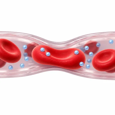 A flexible red blood cell carrying oxygen through a narrow capillary.