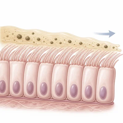 Ciliated respiratory cells moving mucus and trapped particles.