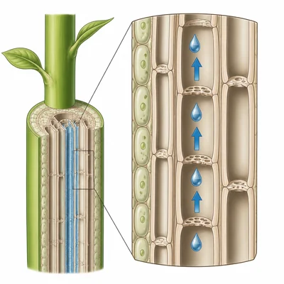 Tube-like xylem cells carrying water upward in a plant.