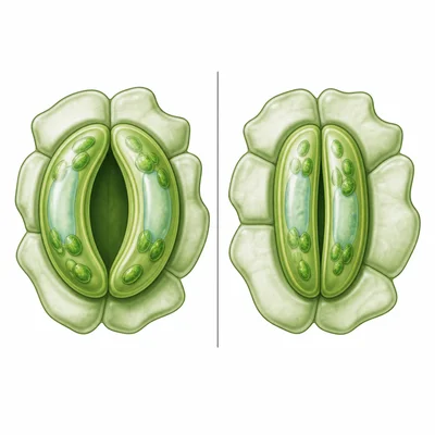 Guard cells opening and closing stomata in a leaf.