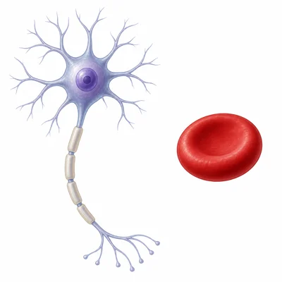 A neuron and a red blood cell shown for structural comparison.