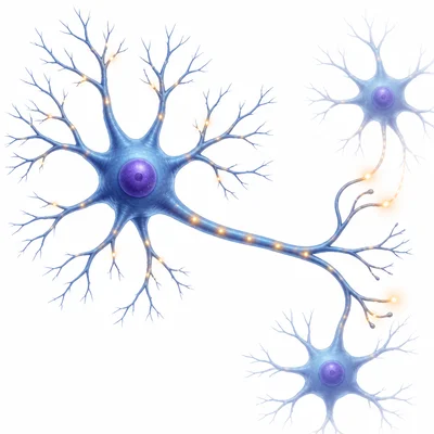 A neuron with long branching extensions connecting to other cells.