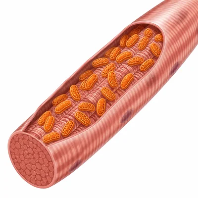 A muscle cell filled with many mitochondria.