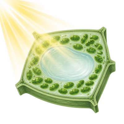 A leaf cell containing many chloroplasts under sunlight.