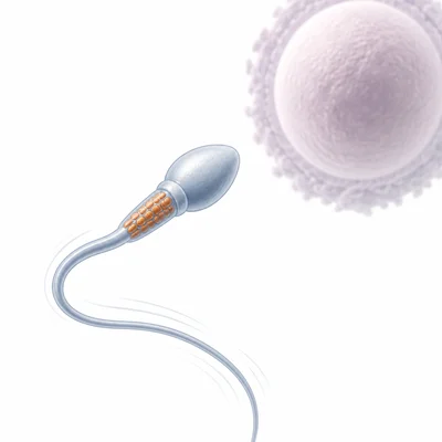 A sperm cell with mitochondria near its tail moving toward an egg cell.