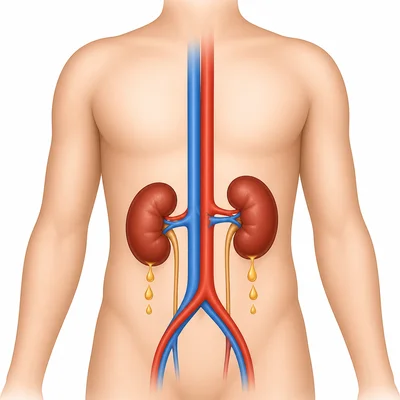Two kidneys in a human torso filtering blood and making liquid waste.