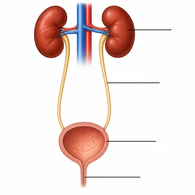 Unlabeled urinary system diagram with leader lines for kidney, ureter, bladder, and urethra.