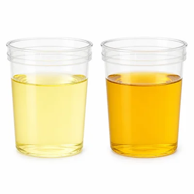 Two urine samples, one pale yellow and one dark yellow.