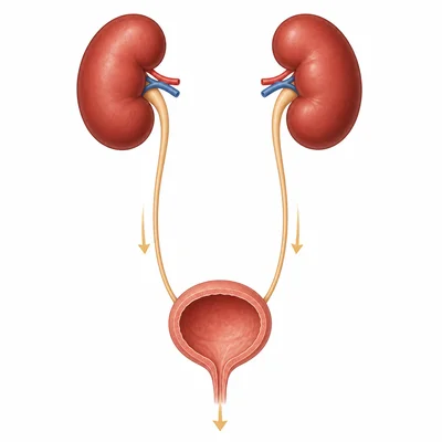 Diagram showing kidneys, ureters, bladder, and urethra with urine flow downward.
