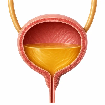 A bladder storing urine, with ureters above and urethra below.