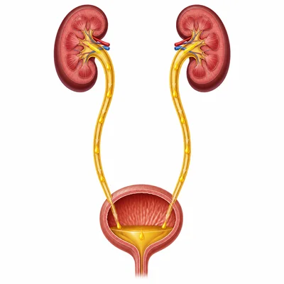 Ureters carrying urine from the kidneys to the bladder.