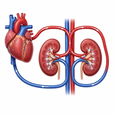 Heart and blood vessels connected to kidneys to show blood being filtered.
