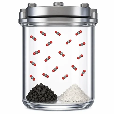 A sealed vessel with solid material at the bottom and gas molecules dispersed above it.