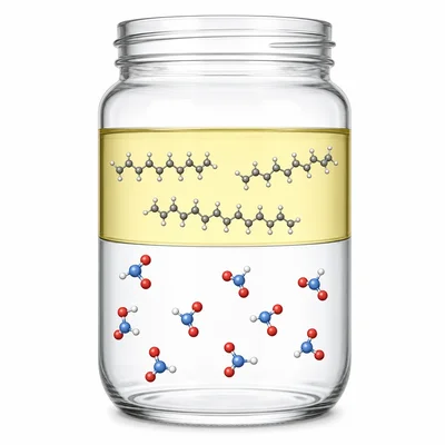 A jar shows oil floating above vinegar with different molecule shapes in each layer.