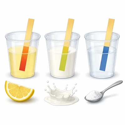 Three liquids change pH paper to red-orange, yellow-green, and blue.