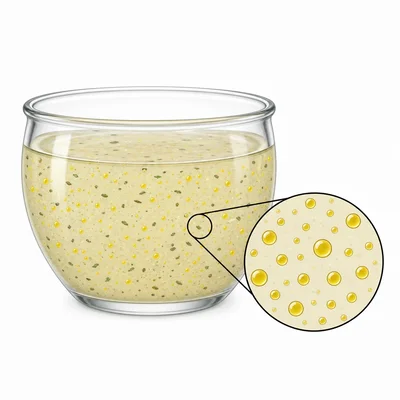Tiny oil droplets spread through vinegar make salad dressing look cloudy.