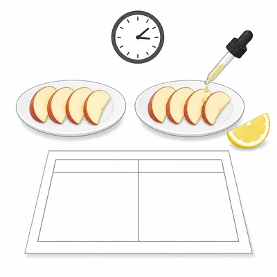 Two apple-slice plates show a control and lemon-juice treatment for a browning experiment.