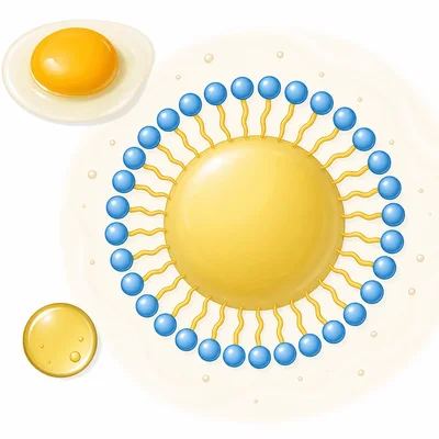 Egg yolk emulsifier molecules surround an oil droplet in a creamy mixture.