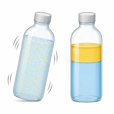 A shaken oil and water bottle looks cloudy, while a resting bottle separates into layers.