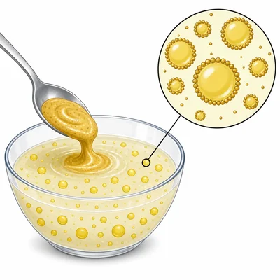 Mustard particles coat oil droplets in vinaigrette, helping them stay mixed.