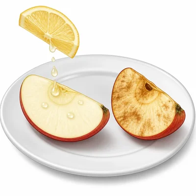 Lemon juice on one apple slice helps it stay pale while another slice browns.