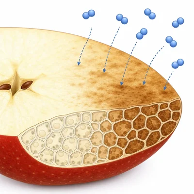 Oxygen from the air reaches a cut apple surface where browning begins.