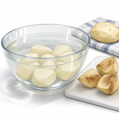 Cut potato pieces stay pale when submerged in water, while exposed pieces darken.