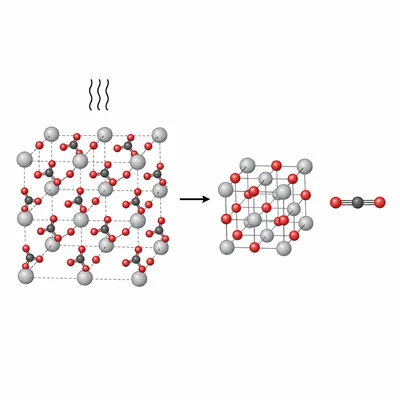 Diagram of calcium carbonate decomposing into calcium oxide and carbon dioxide.