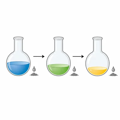 Three-step reaction route with decreasing product amount across connected flasks.