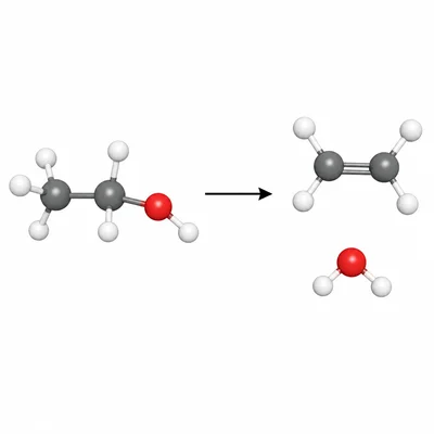 Ball-and-stick diagram of ethanol decomposing into ethene and water.