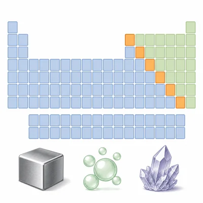 Periodic table regions color-coded for metals, nonmetals, and metalloids.