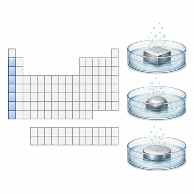 Far-left periodic table group highlighted with similar metal-water reactions shown.
