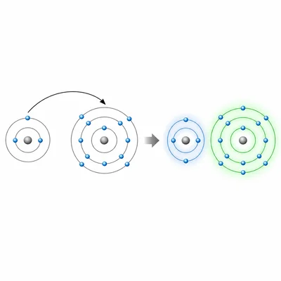 Electron transfer from a sodium-like atom to a chlorine-like atom forming two ions.